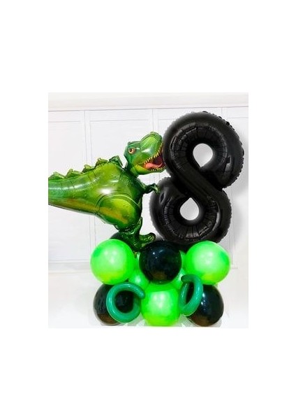 Dinozor Temalı Balon Set Siyah 8 Yaş Rakamlı Balon Dinozor Jurassic Park Teması