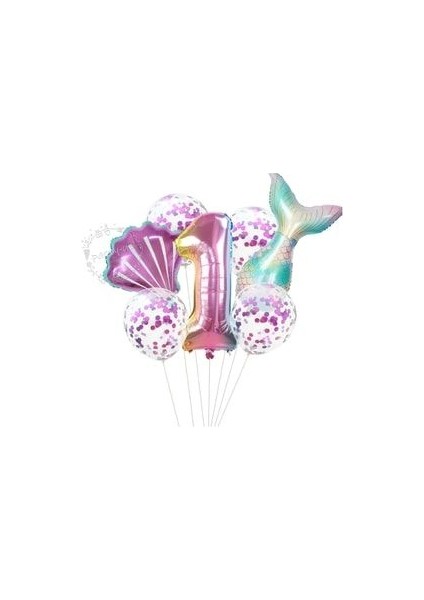 Deniz Kızı Balon 7li Set ( Denizkızı Deniz Kabuğu Rakam Balon ve Pullu Şeffaf Balon Buketi )