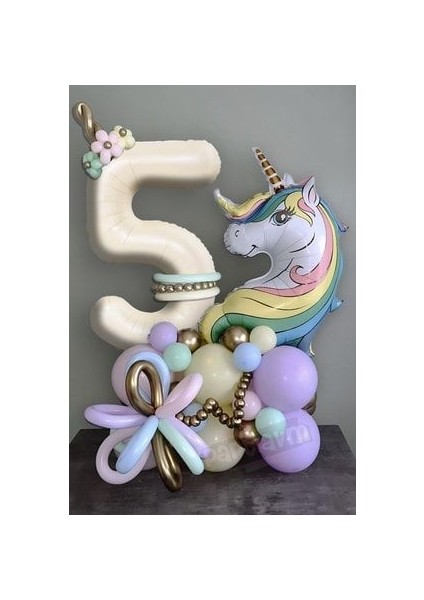 Unicorn Balon Unicorn Tema Krem Rakam Balonlu Makaron Gökkuşağı Set (1-9 Arası Yaş Seçimli)