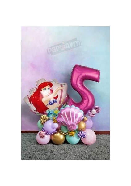 Little Mermaid Ariel Küçük Deniz Kızı Balon Buketi Fuşya Rakam Balon