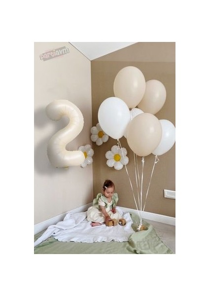 Papatya Tema Doğum Günü Seti Bej Krem Rakam Retro Yaş Tema Doğum Günü Bahar Konsept Balon