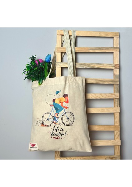 Ham Bez Çanta Tote Bag Bisiklet Sürüşü, Dokuma Saplı Kadın Omuz Çantası