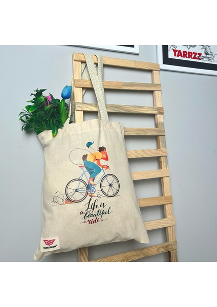 Ham Bez Çanta Tote Bag Bisiklet Sürüşü, Dokuma Saplı Kadın Omuz Çantası