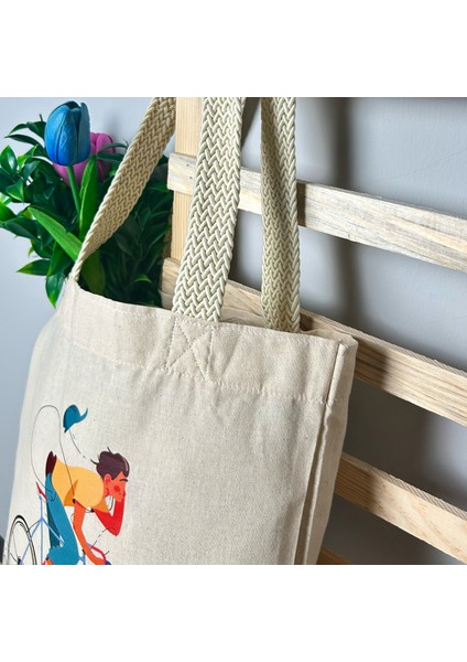 Ham Bez Çanta Tote Bag Bisiklet Sürüşü, Dokuma Saplı Kadın Omuz Çantası