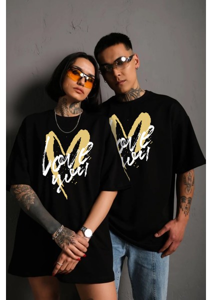 Love You Sevgili Kombini Çift Oversize Yüksek Kaliteli Siyah Couple T-Shirt 2 Adet