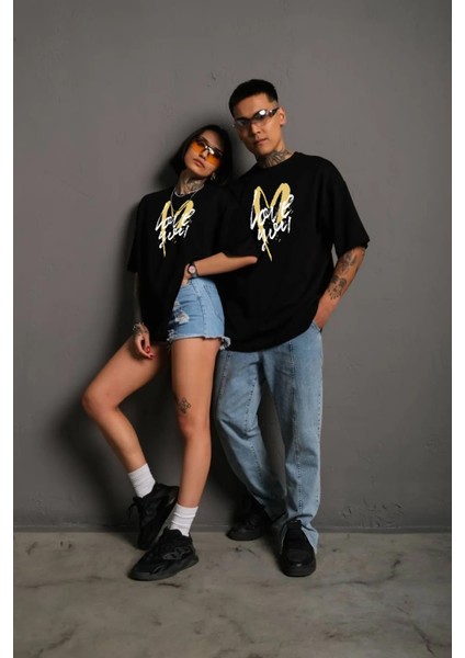 Love You Sevgili Kombini Çift Oversize Yüksek Kaliteli Siyah Couple T-Shirt 2 Adet