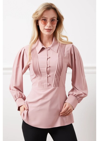 Kadın Omzu Pileli Ön Kısmı Şerit Detaylı Şık Gömlek Pudra ZN5109 modelleri