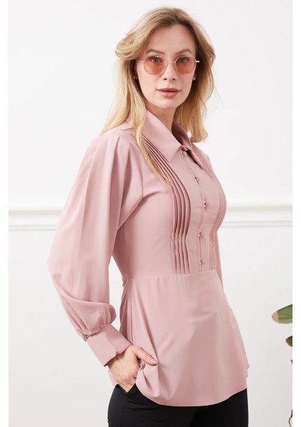 Kadın Omzu Pileli Ön Kısmı Şerit Detaylı Şık Gömlek Pudra ZN5109 fırsatları