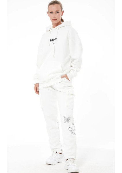 Kadın Kelebek Baskılı Kargo Cepli Kapüşonlu Eşofman Takımı Ekru ZN5093