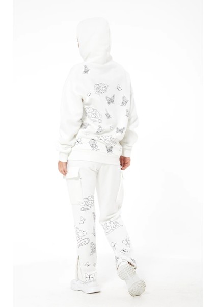 Kadın Kelebek Baskılı Kargo Cepli Kapüşonlu Eşofman Takımı Ekru ZN5093 fiyatları