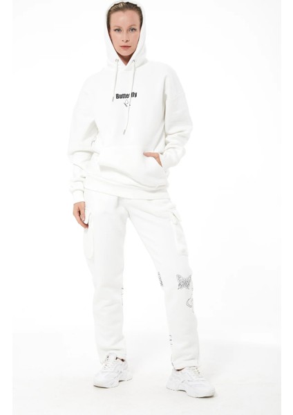 Kadın Kelebek Baskılı Kargo Cepli Kapüşonlu Eşofman Takımı Ekru ZN5093 modelleri