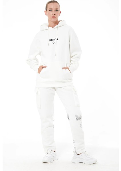 Kadın Kelebek Baskılı Kargo Cepli Kapüşonlu Eşofman Takımı Ekru ZN5093 fırsatları