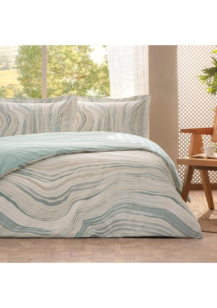 Çift Kişilik Fitted Çarşaf Ranforce Nevresim Takımı Mint Natural Marble