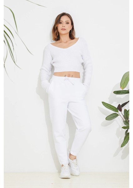Kadın Petek Dokulu Paçası Büzgülü Eşofman Altı Beyaz ZN5104 fiyatları