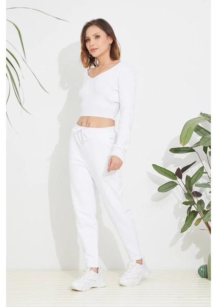 Kadın Petek Dokulu Paçası Büzgülü Eşofman Altı Beyaz ZN5104 fırsatları