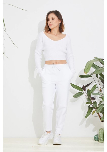 Kadın Petek Dokulu Paçası Büzgülü Eşofman Altı Beyaz ZN5104 indirimleri
