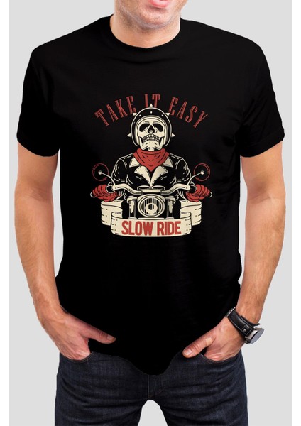 Take It Easy Baskılı Siyah Tişört C858