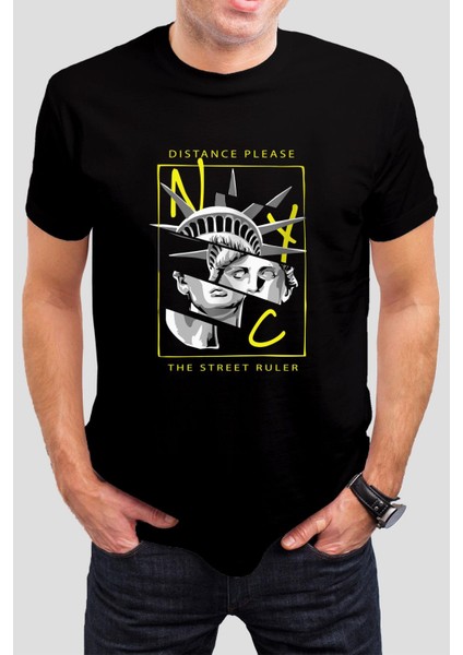 Özgürlük Heykeli Baskılı Siyah Tişört C931