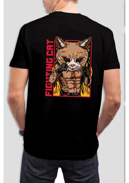 Fighting Cat Baskılı Siyah Tişört C927
