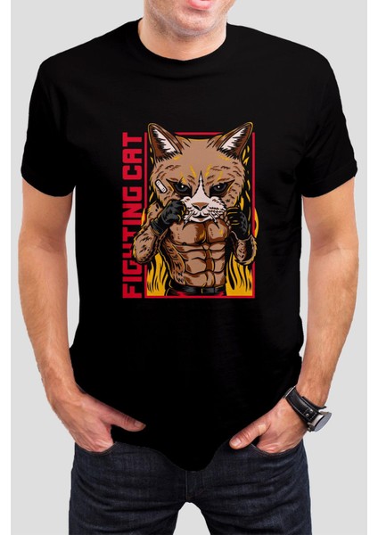 Fighting Cat Baskılı Siyah Tişört C926