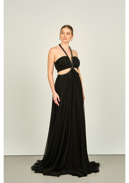 Kadın Boyundan Örgü Bağlamalı Pencere Detaylı Şifon Abiye Elbise 4255 Siyah fiyatları