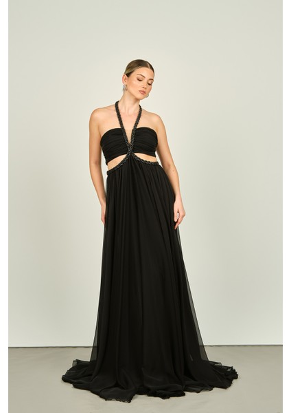 Kadın Boyundan Örgü Bağlamalı Pencere Detaylı Şifon Abiye Elbise 4255 Siyah modelleri