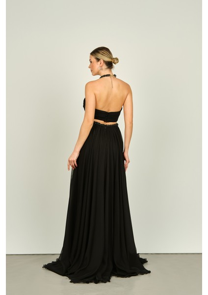 Kadın Boyundan Örgü Bağlamalı Pencere Detaylı Şifon Abiye Elbise 4255 Siyah fırsatları