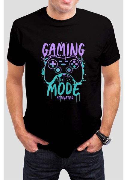 Gaming Mode Baskılı Siyah Tişört C854
