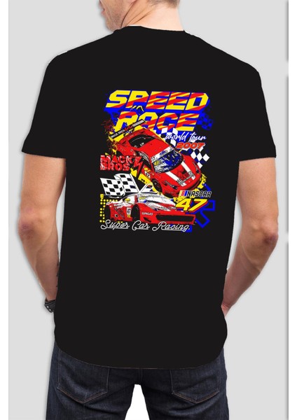 Speed Race Baskılı Siyah Tişört C884