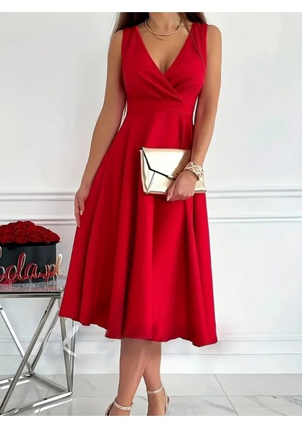 Üçaymoda Kadın Ithal Krep Kumaş Kruvaze Yaka Eteği Kloş Kolsuz Mini Elbise