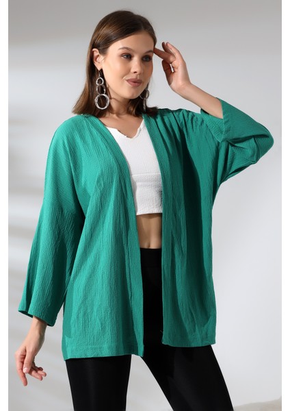 Bürümcük Kumaş Kimono Hırka 21062 Yeşil