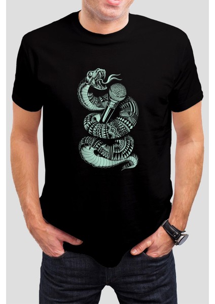 Yılan Baskılı Siyah Tişört C902