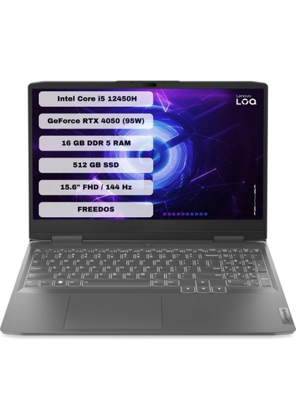 LOQ 15IRH8 Intel Core i5 12450H 16GB 512GB SSD RTX4050 Freedos 15.6" FHD Taşınabilir Bilgisayar 82XV00FYTX