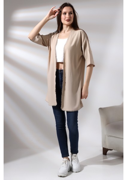 Kolları ve Eteği Brodeli Kimono Hırka 20640 Taş
