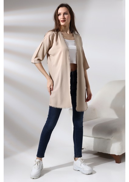 Kolları ve Eteği Brodeli Kimono Hırka 20640 Taş