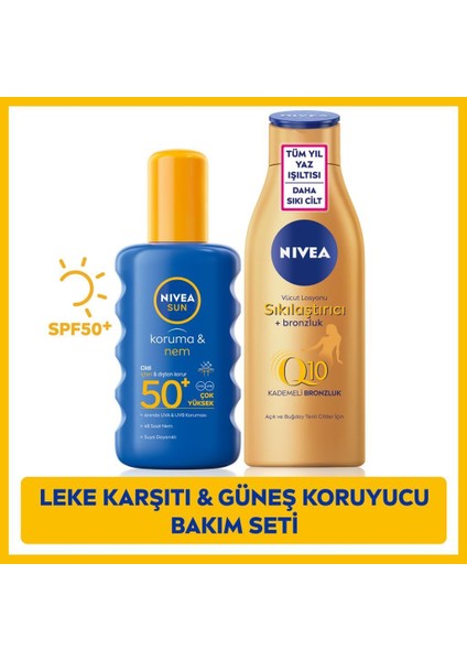 NIVEA SUN Yüksek Güneş Koruyucu Vücut Spreyi SPF50 200ml, Q10 Sıkılaştırıcı Bronzluk Vücut Losyonu 200ml