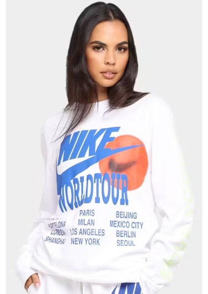 Sportswear World Tour 2 Long Sleeve Reflector Büyük Beden Unisex Baskılı Reflektörlü Sweatshirt Beyaz