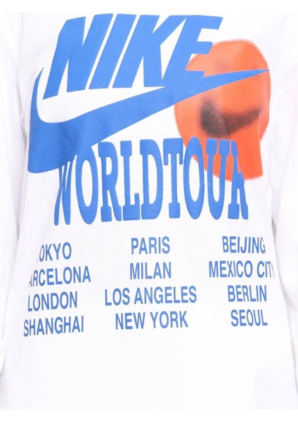 Sportswear World Tour 2 Long Sleeve Reflector Büyük Beden Unisex Baskılı Reflektörlü Sweatshirt Beyaz fırsatları