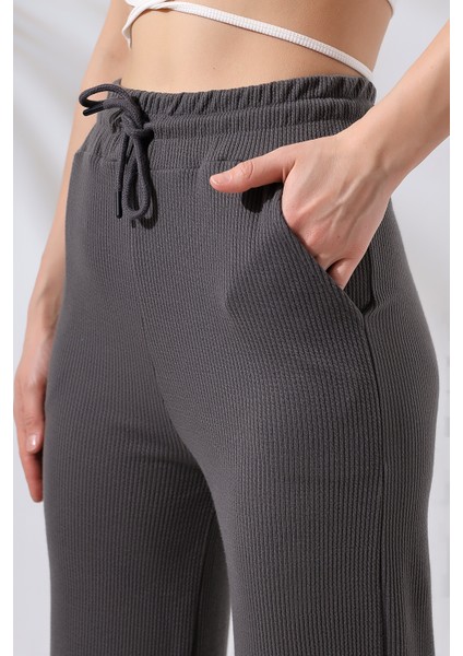 Bürümcük Fitilli Kumaş Paçası Geniş Pantolon 21656 Füme modelleri