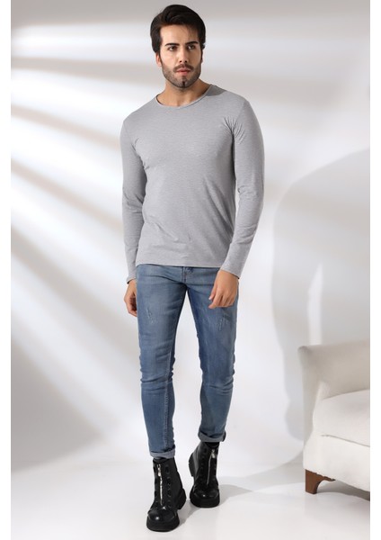 Compact Penye Likralı Regular Fit Uzun Kol Pis V Yaka T-Shirt 19698 Grimelanj