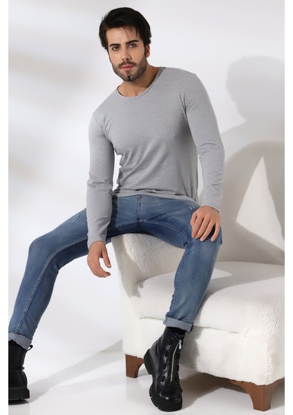 Compact Penye Likralı Regular Fit Uzun Kol Pis V Yaka T-Shirt 19698 Grimelanj modelleri