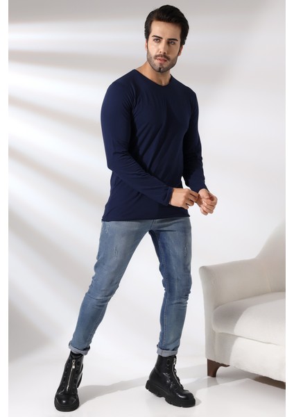 Compact Penye Likralı Regular Fit Uzun Kol Pis V Yaka T-Shirt 19698 Lacivert