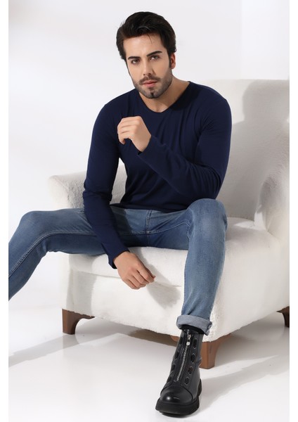 Compact Penye Likralı Regular Fit Uzun Kol Pis V Yaka T-Shirt 19698 Lacivert modelleri