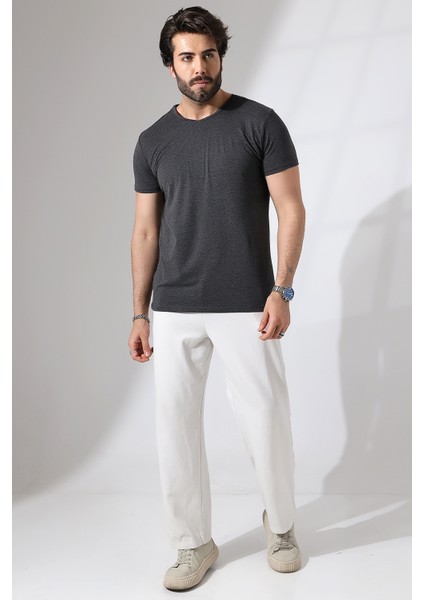 V Yaka Regular Fit Compact Pamuklu Esnek T-Shirt 19953 Koyu Antrasitmelanj