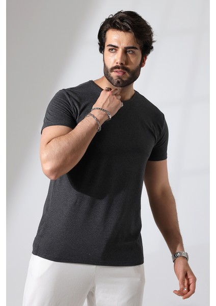 V Yaka Regular Fit Compact Pamuklu Esnek T-Shirt 19953 Koyu Antrasitmelanj fiyatları