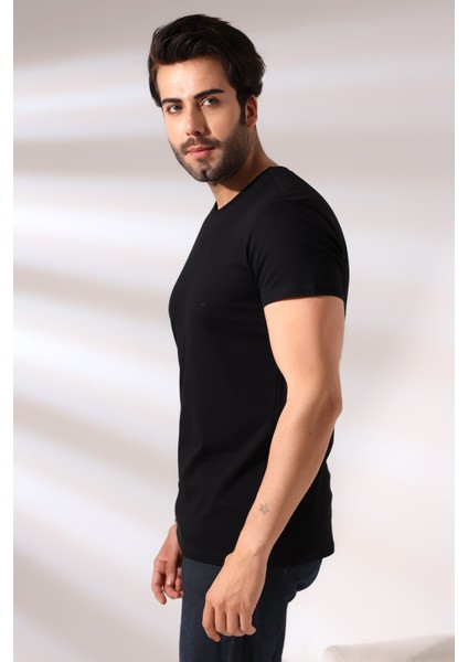 V Yaka Regular Fit Compact Pamuklu Esnek T-Shirt 19953 Siyah fiyatları