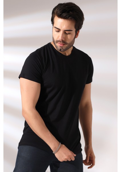 V Yaka Regular Fit Compact Pamuklu Esnek T-Shirt 19953 Siyah modelleri
