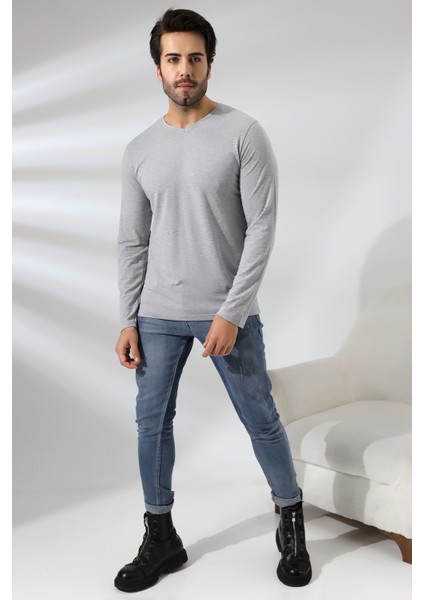 Compact Penye Likralı Regular Fit Uzun Kol V Yaka T-Shirt 19647 Grimelanj