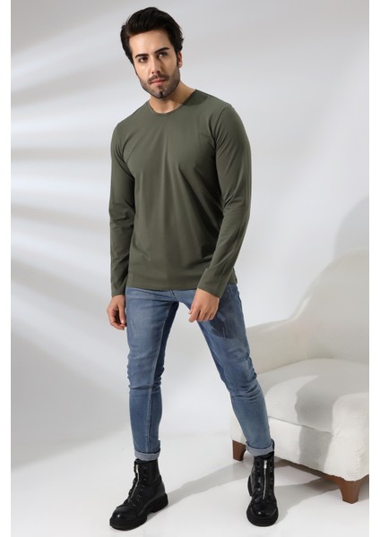 Compact Penye Likralı Regular Fit Uzun Kol V Yaka T-Shirt 19647 Haki