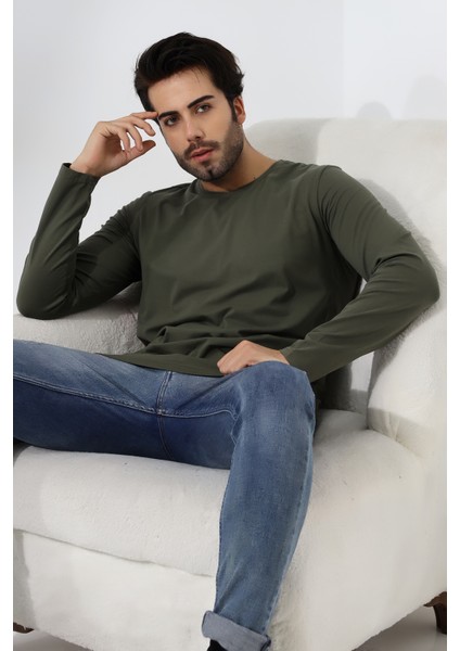 Compact Penye Likralı Regular Fit Uzun Kol V Yaka T-Shirt 19647 Haki modelleri